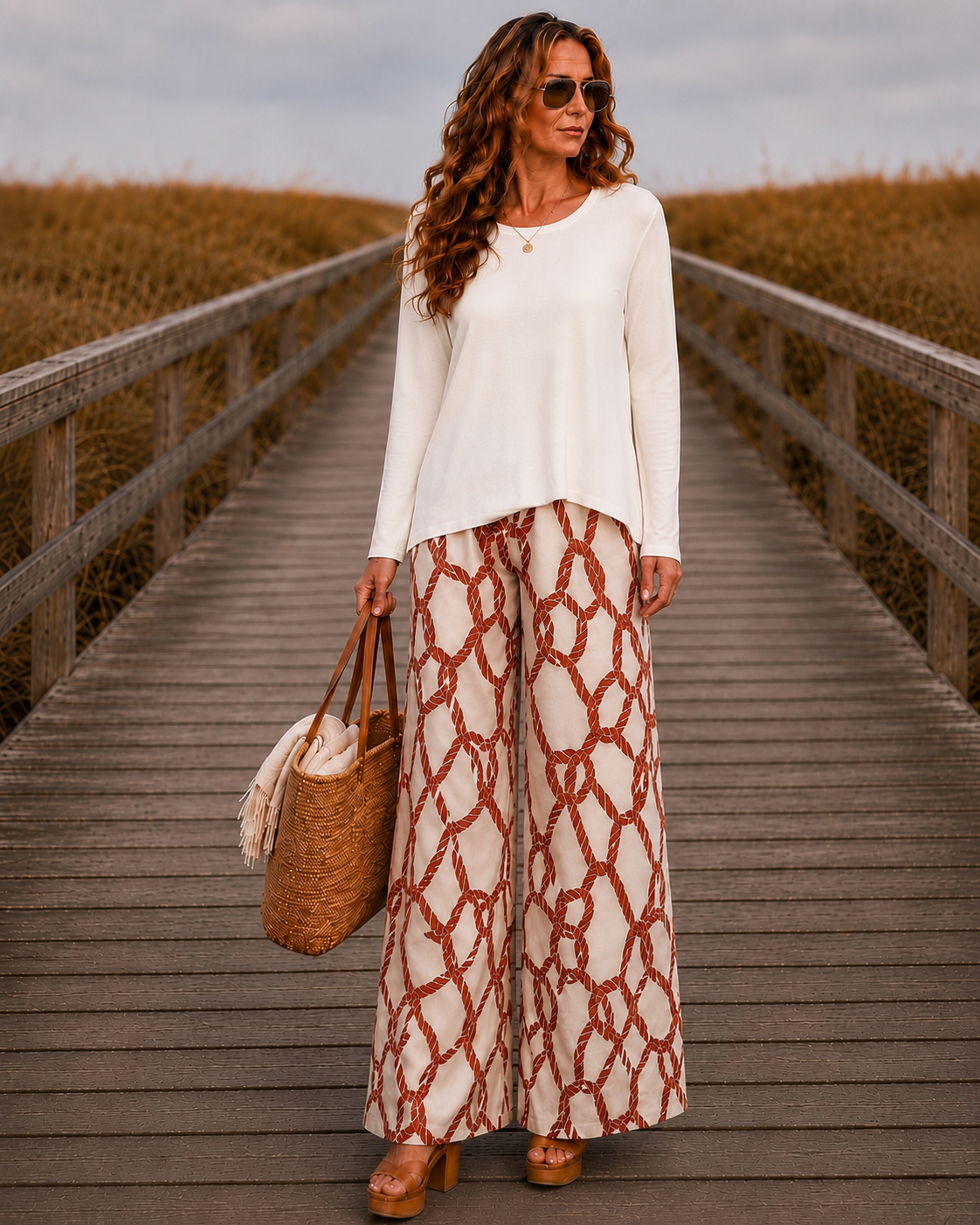 Coastal Rope Print Linen Blend Wide Leg Pants