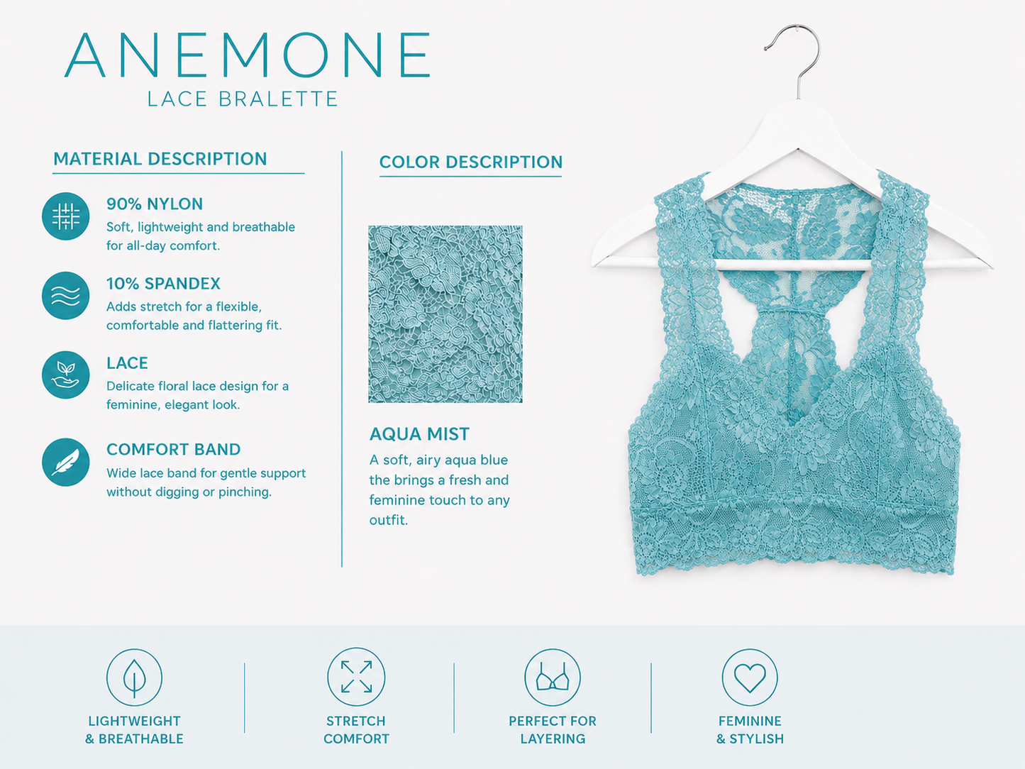 Floral Lace Racerback Bralette | Stretch Bralette | Aqua Mist