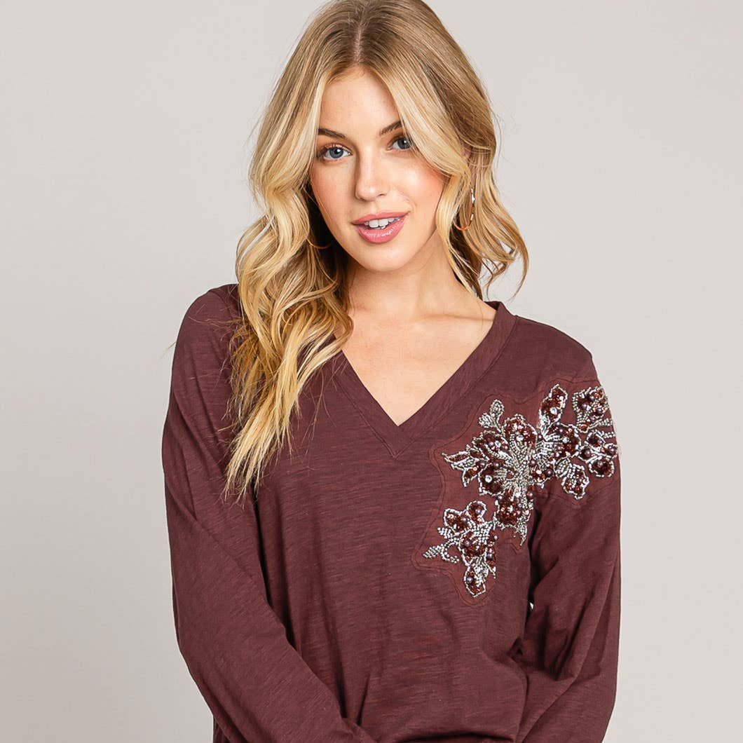 Glam Time V-Neck Long Sleeve  Bead Detail Top