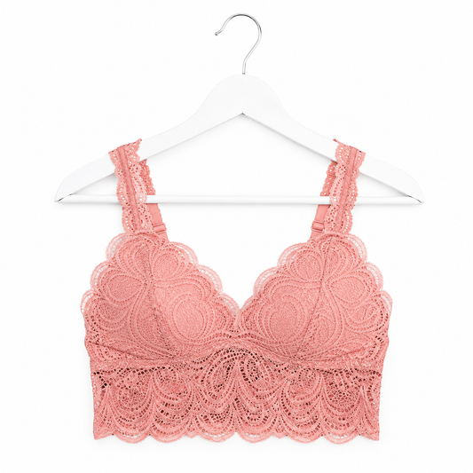 Coral Blossom Lace Bralette | Scalloped Floral Lace Brami with Adjustable Straps