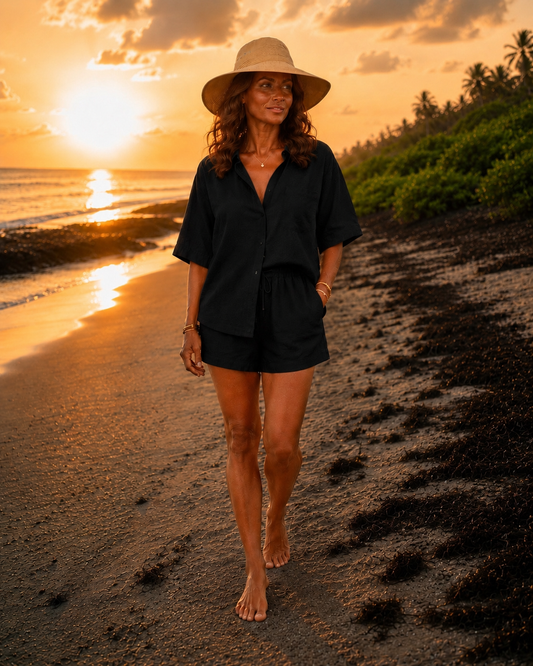 Coastal Linen Blend Two-Piece Set Black