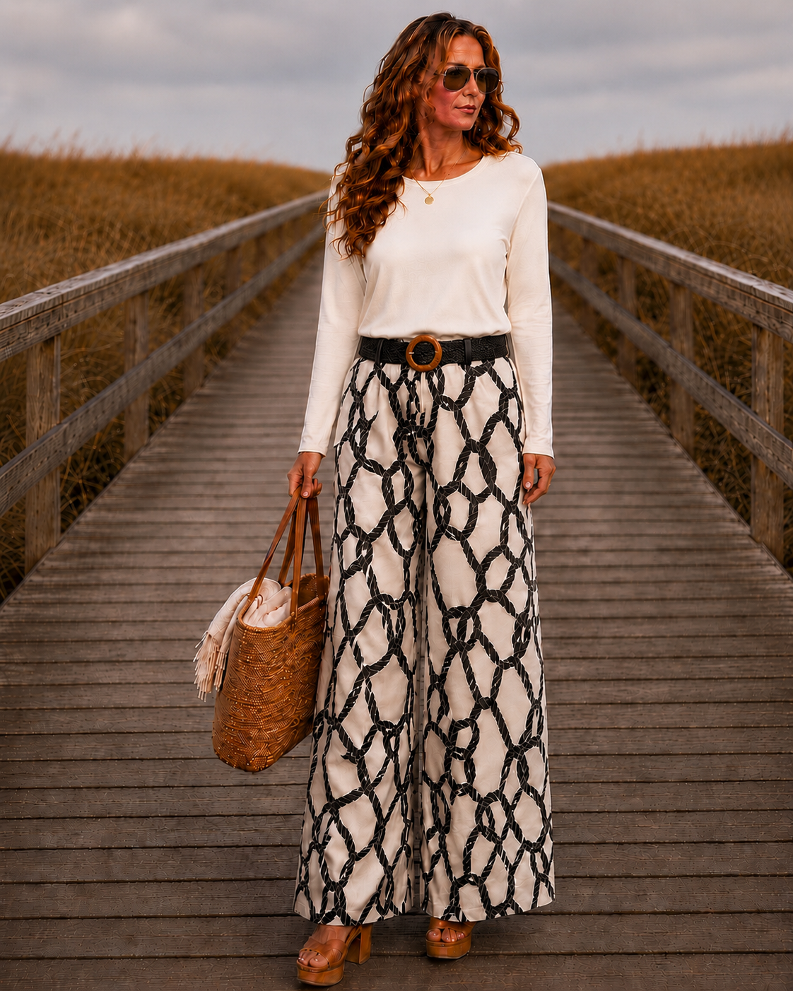 Coastal Rope Print Linen Blend Wide Leg Pants