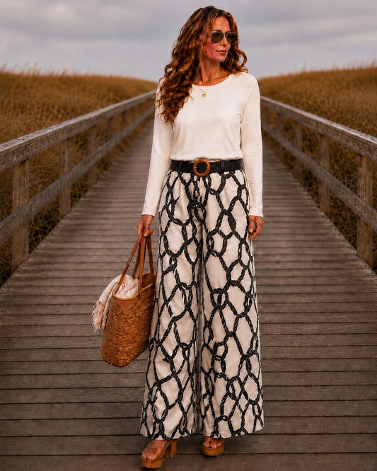 Coastal Rope Print Linen Blend Wide Leg Pants
