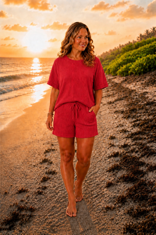 Ruby Red Ribbed Two-Piece Lounge Set | Adjustable Tie Waist