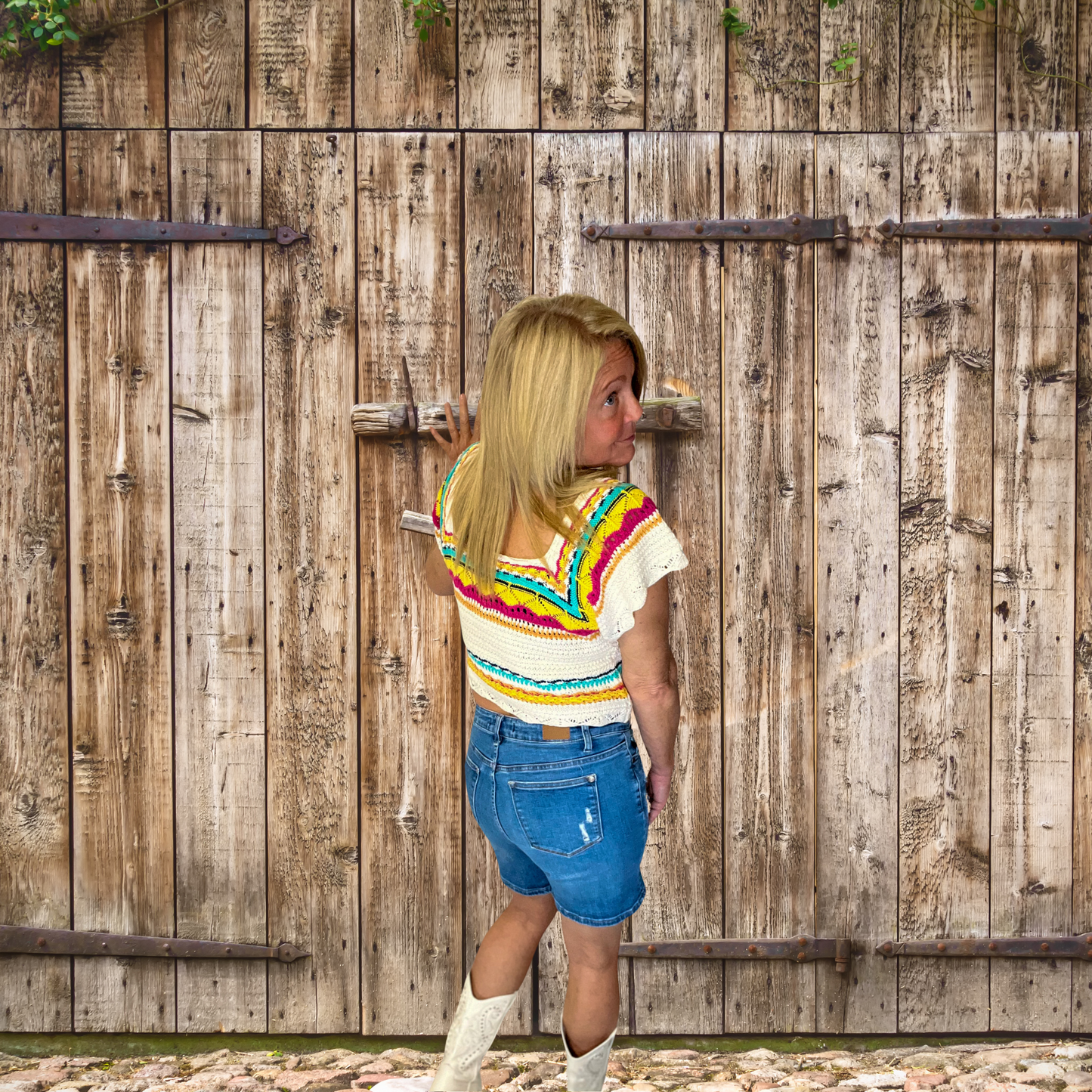Bright Beachin Short Sleeve Square Neck Crop Crochet Sweater