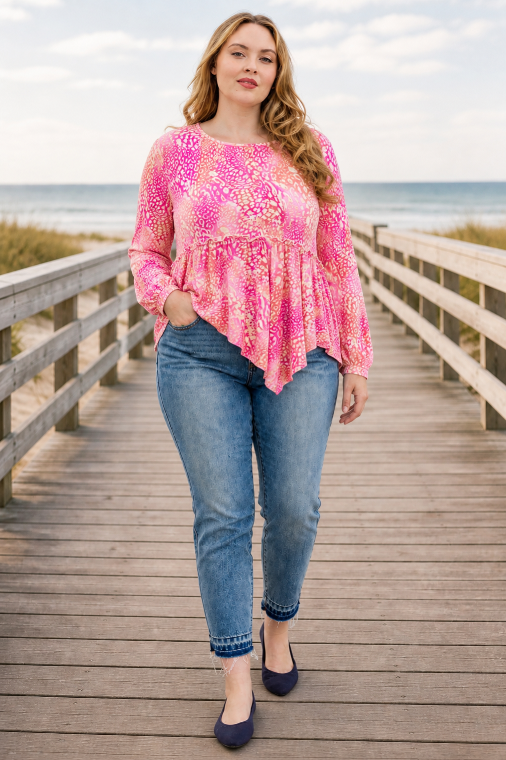 Coastal Bloom Long Sleeve Peplum Top