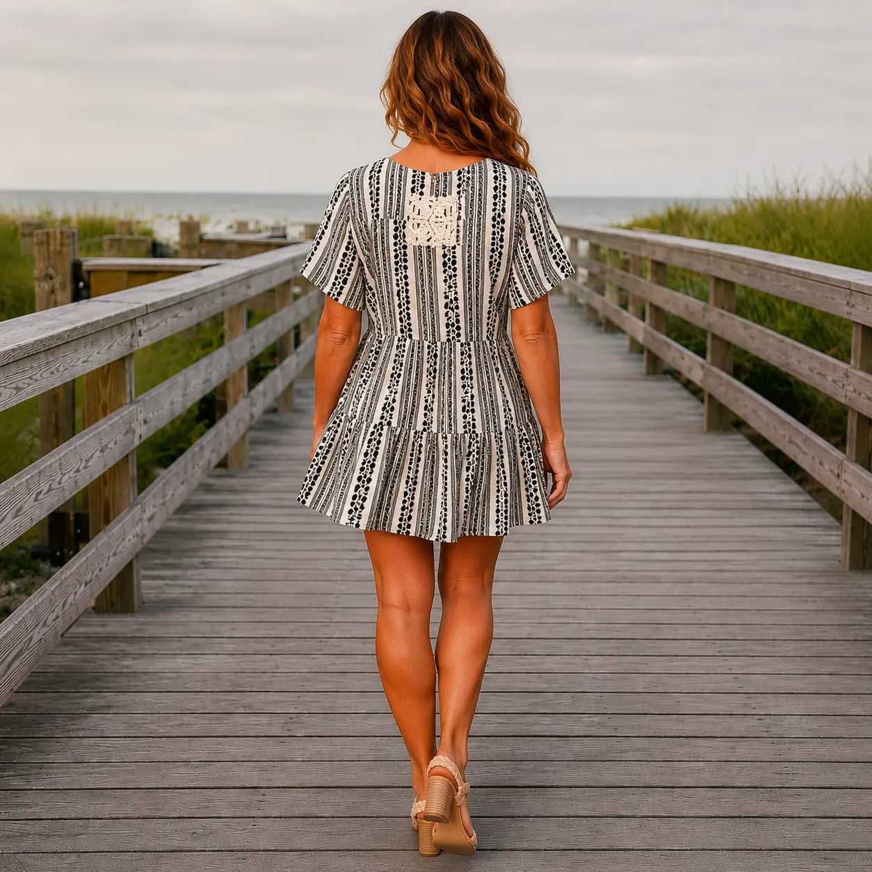 POL Coastal Stripe Lace Patch Mini Dress