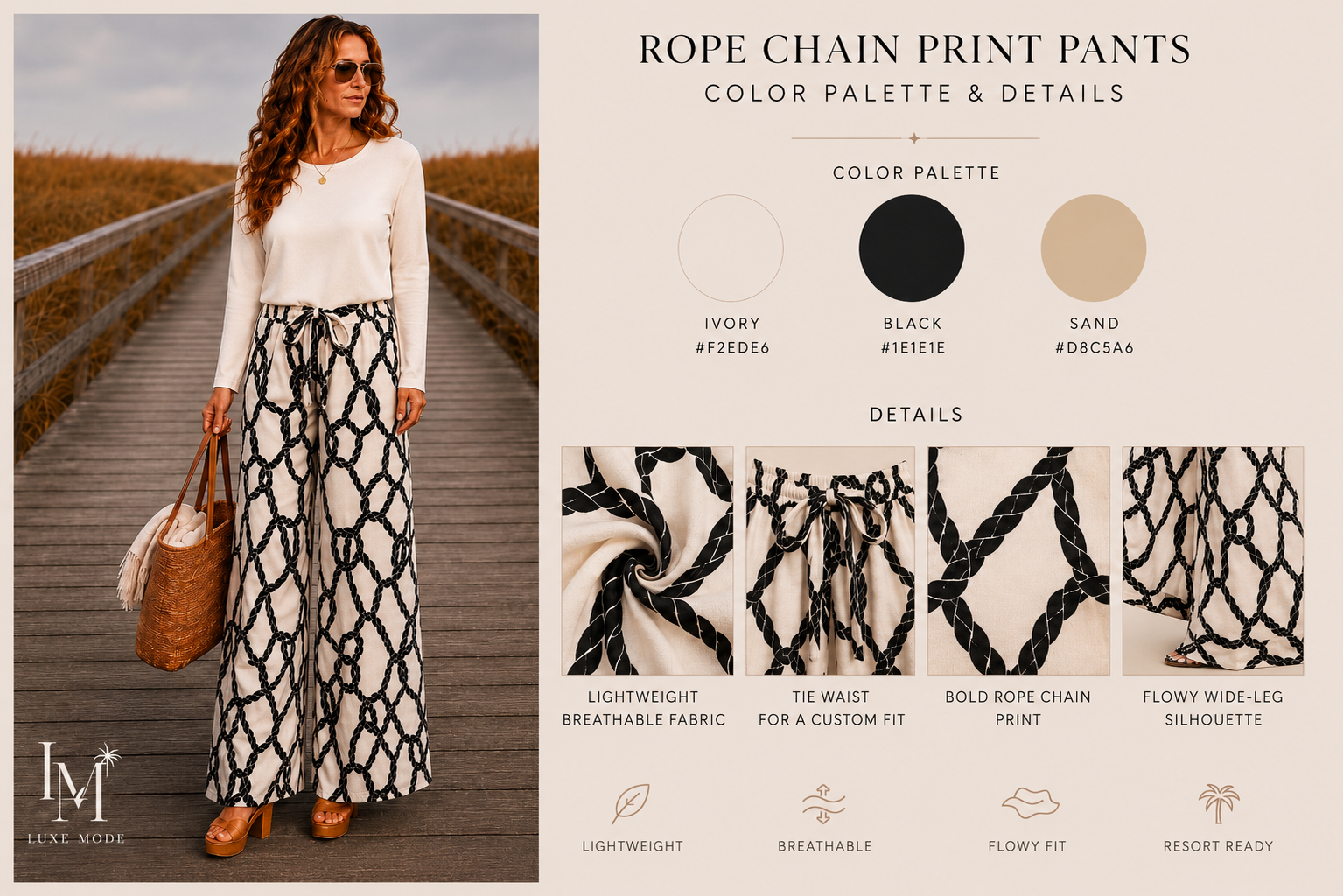 Coastal Rope Print Linen Blend Wide Leg Pants
