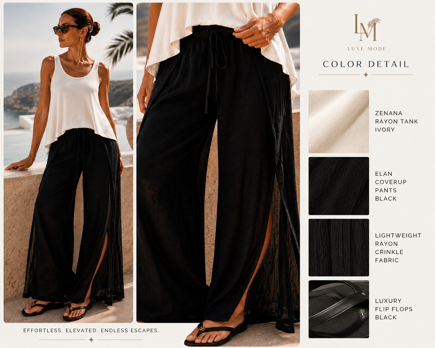 Elan Beach Flow Resort Cover-Up Pants | Lightweight Wide Leg Black