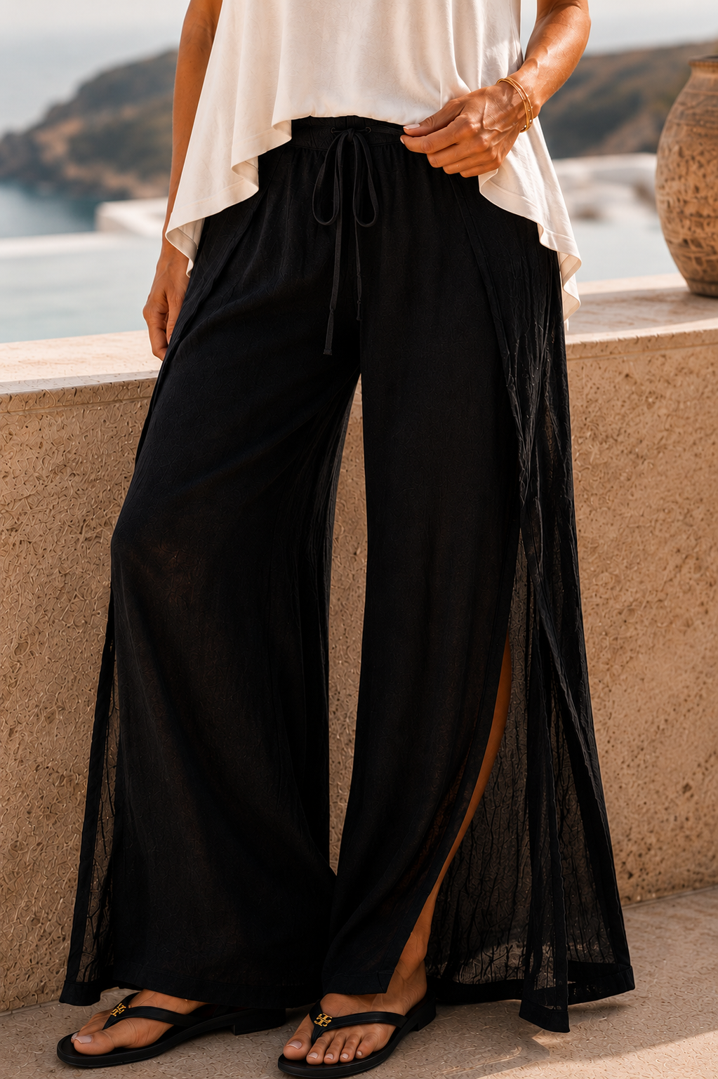 Elan Beach Flow Resort Cover-Up Pants | Lightweight Wide Leg Black