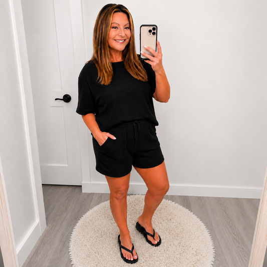 Black Ribbed Two-Piece Lounge Set | Soft Knit Shorts Set