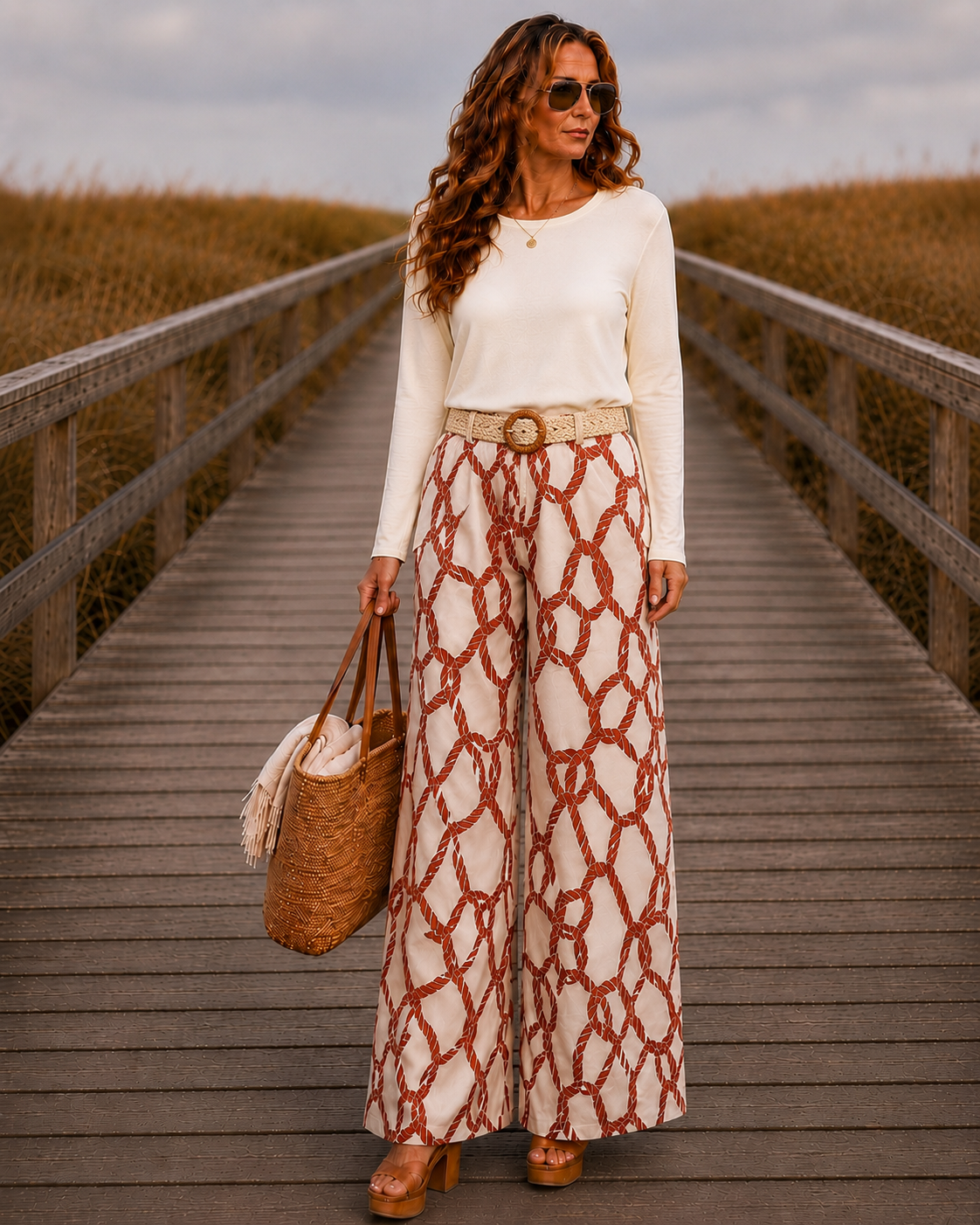 Coastal Rope Print Linen Blend Wide Leg Pants