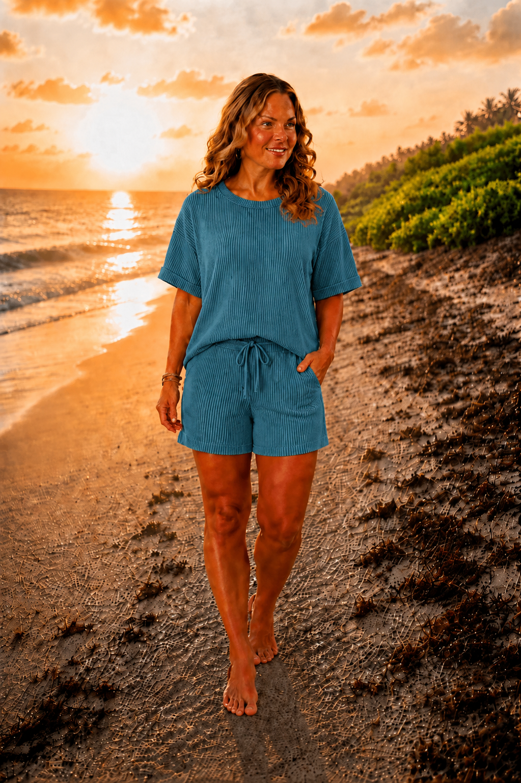 Teal Blue Ribbed Relaxed Fit Two Piece Shorts Set | Soft Knit Lounge Set