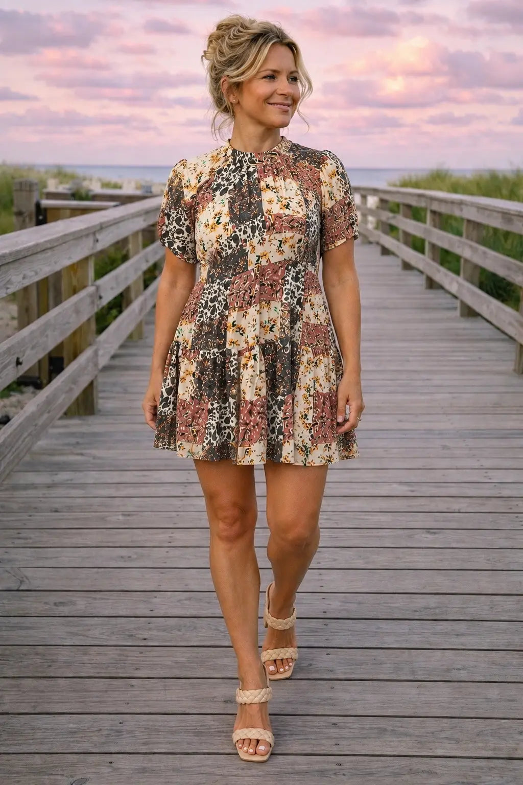 POL Coastal Patchwork Lace Detail Mini Dress