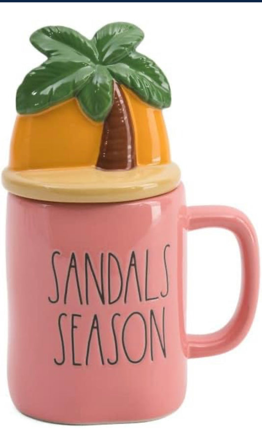 Rae Dunn Coffee Mugs with Decorative ceramic Lids, Sandals Season/Palm Tree/Coral