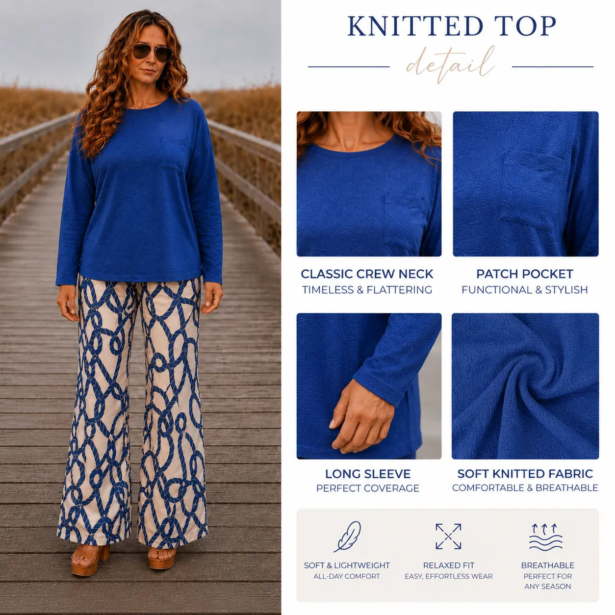 Nautical Blue Front Pocket Knitted Long Sleeve Top