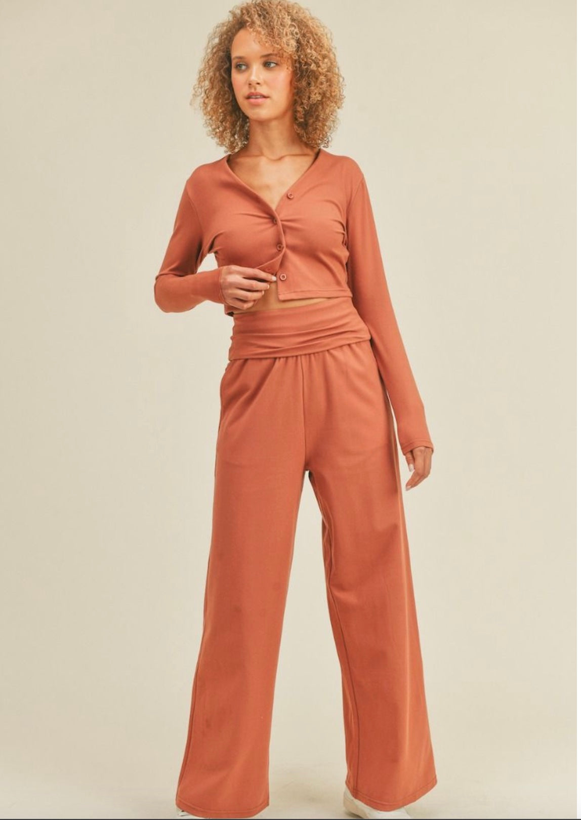 Dive into Scuba Long Sleeve Button Down Crop with Wide Legged Folder Pants