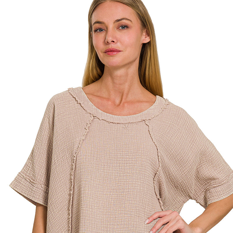 Coastal Breeze Short Sleeve Exposed Seam Acid Washed Top