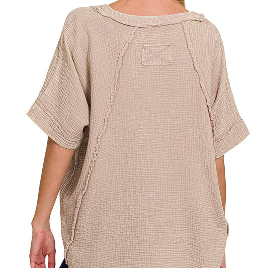 Coastal Breeze Short Sleeve Exposed Seam Acid Washed Top
