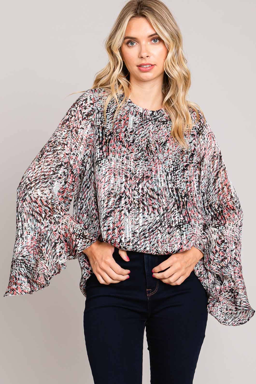 Bahama Mama Abstracted Prints Flow Ruffle Sleeve Top