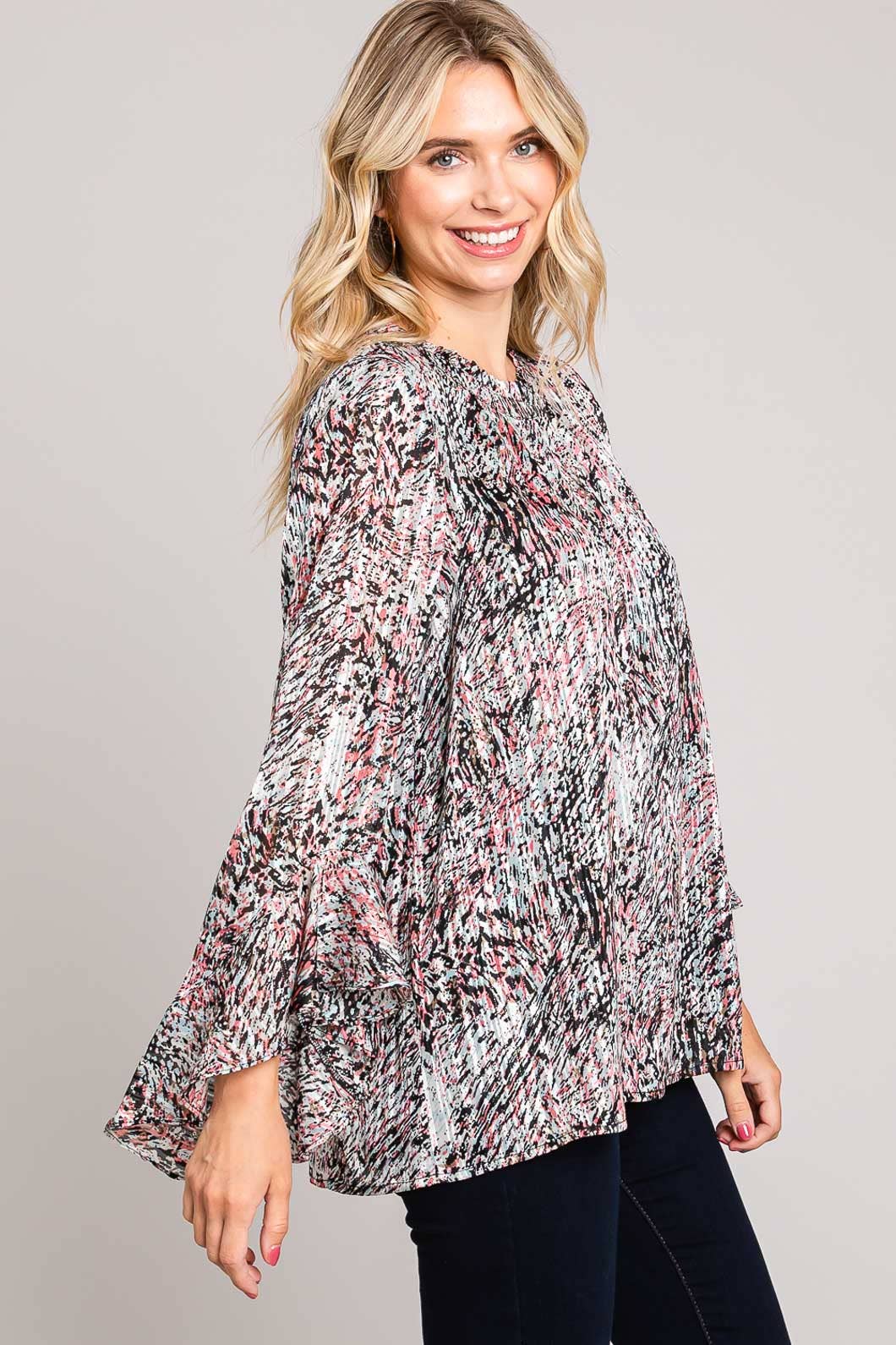 Bahama Mama Abstracted Prints Flow Ruffle Sleeve Top