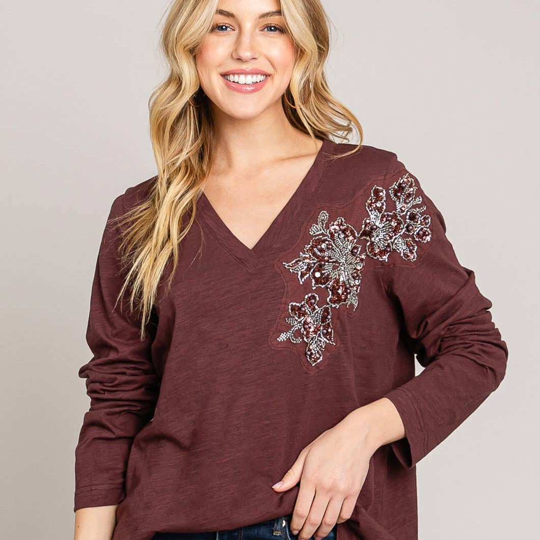 Glam Time V-Neck Long Sleeve  Bead Detail Top