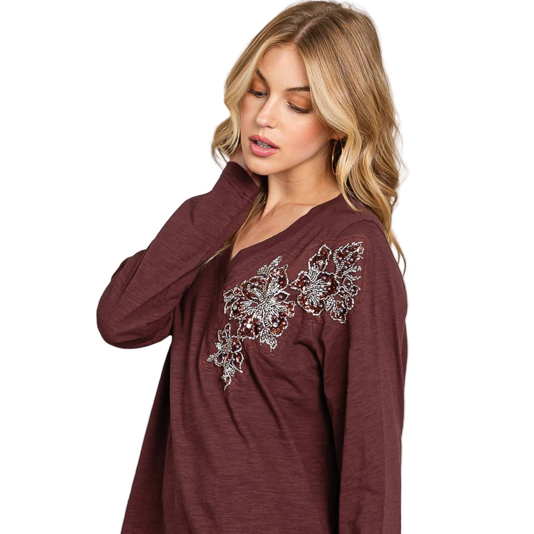 Glam Time V-Neck Long Sleeve  Bead Detail Top