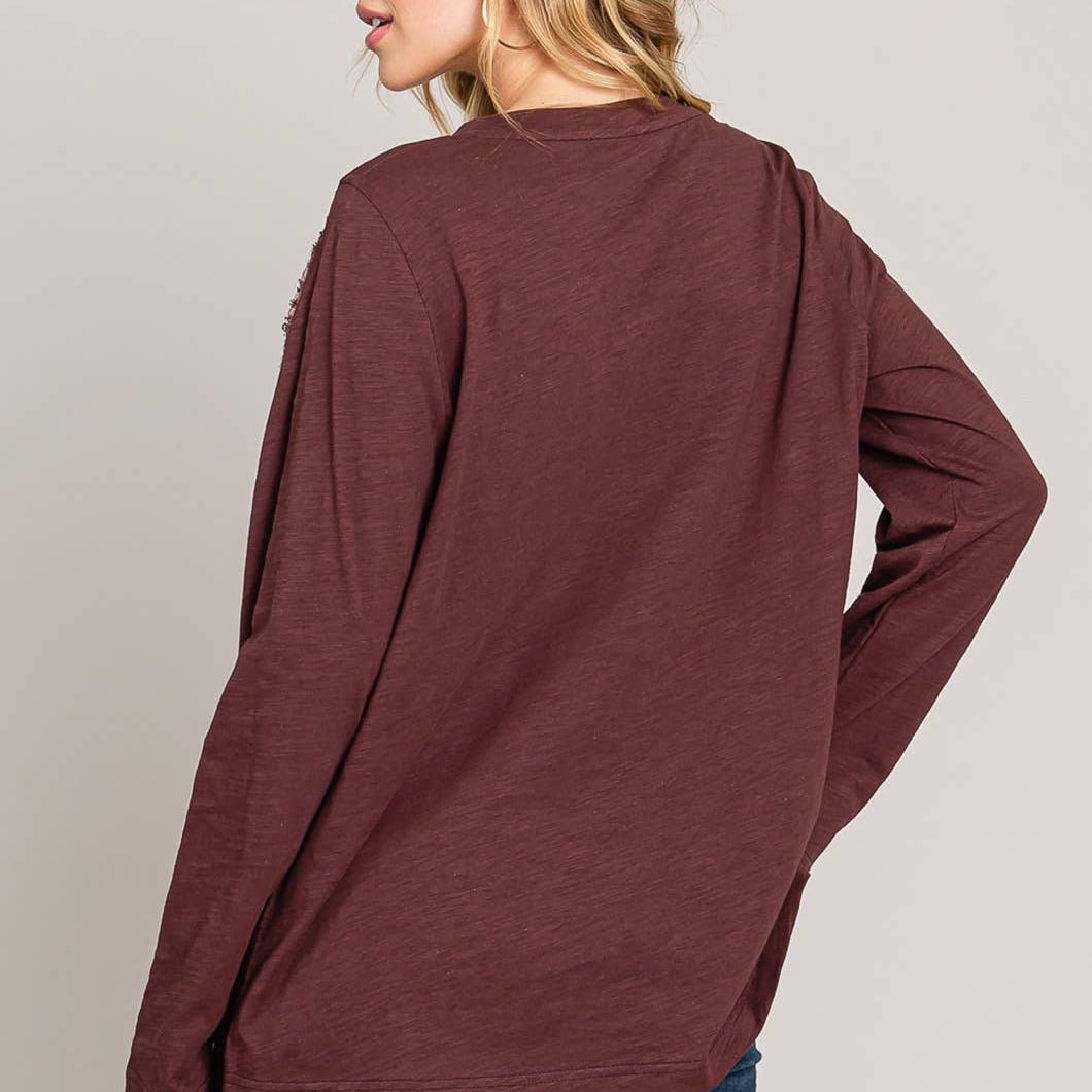 Glam Time V-Neck Long Sleeve  Bead Detail Top