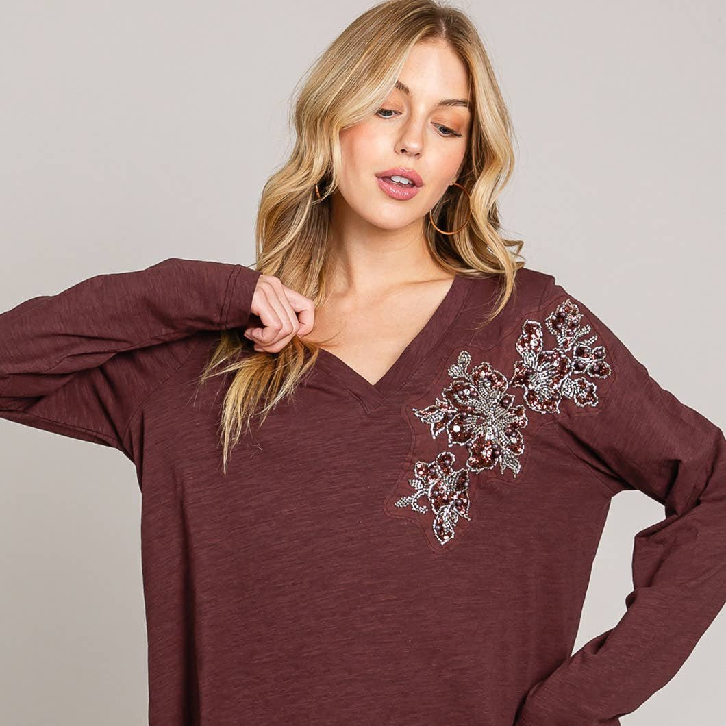 Glam Time V-Neck Long Sleeve  Bead Detail Top