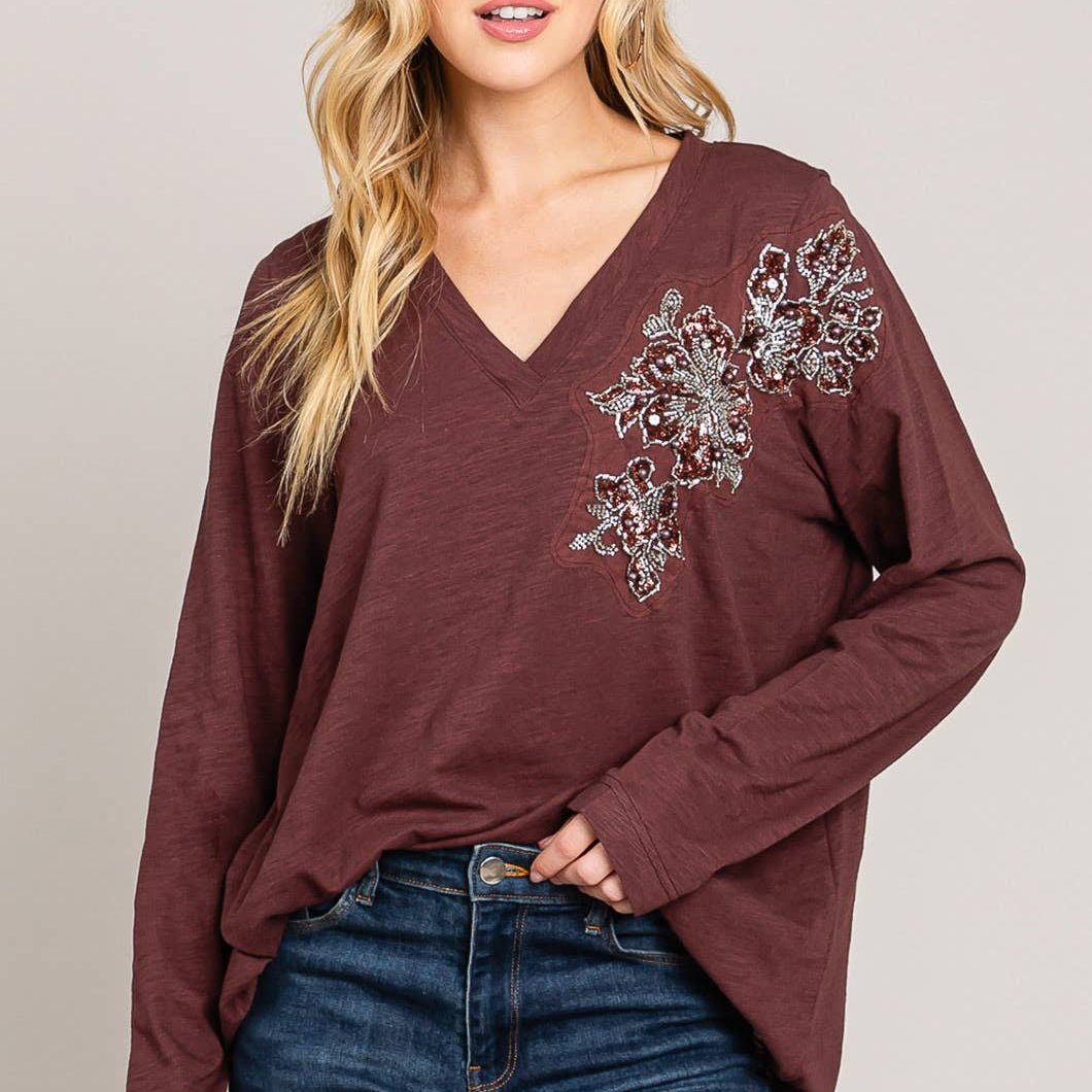 Glam Time V-Neck Long Sleeve  Bead Detail Top