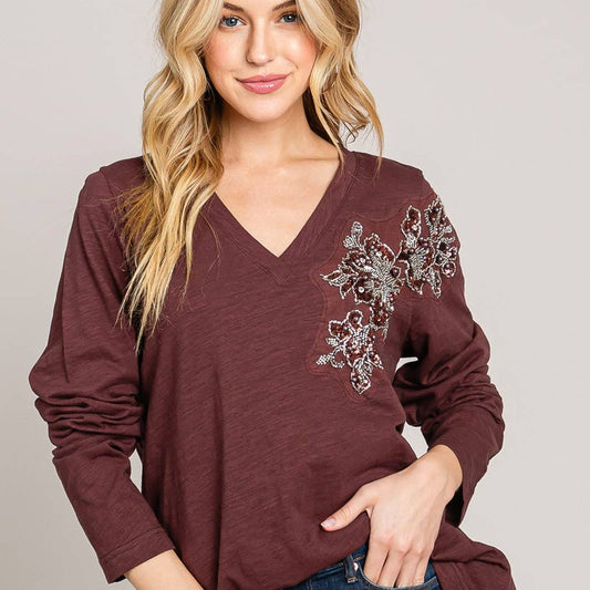 Glam Time V-Neck Long Sleeve  Bead Detail Top