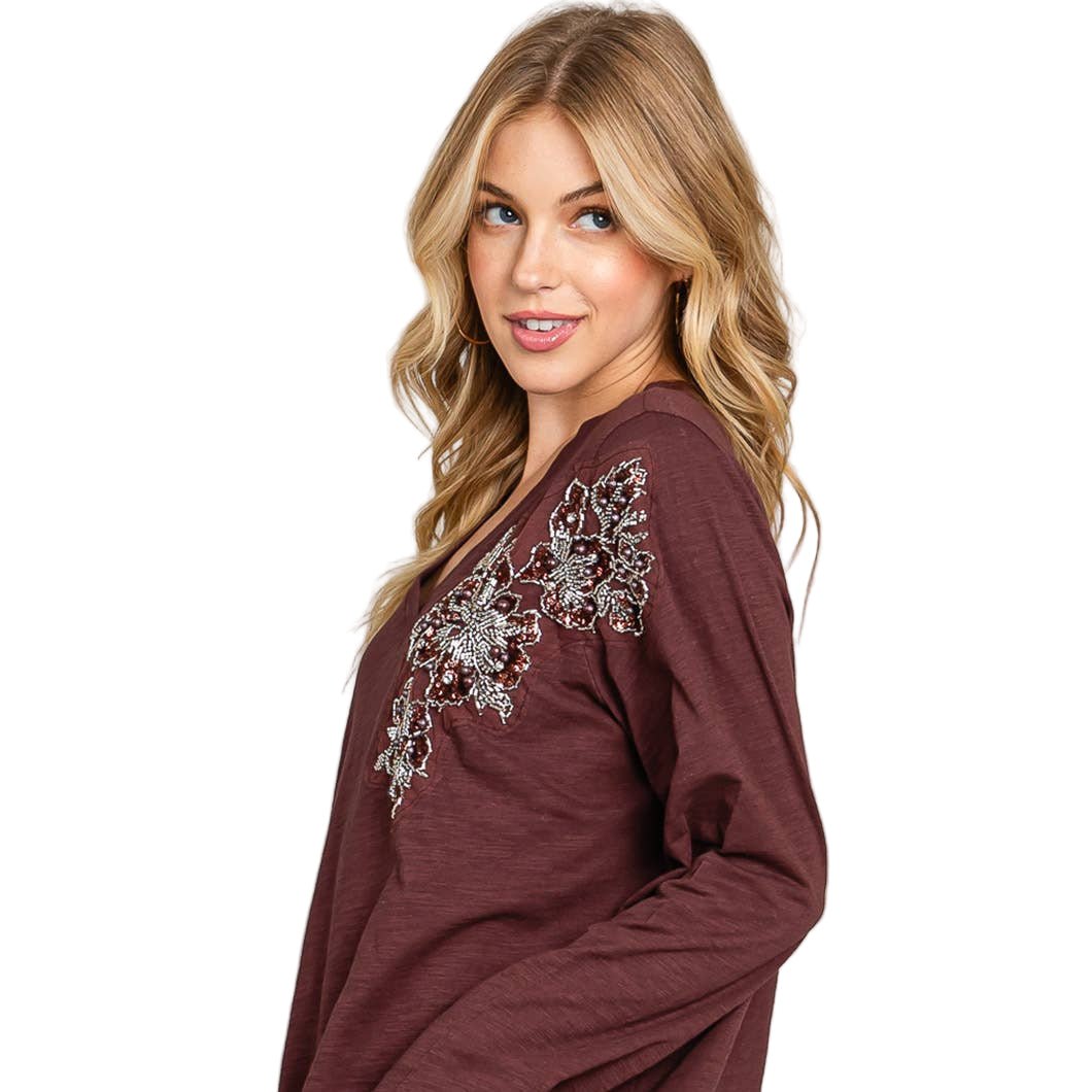 Glam Time V-Neck Long Sleeve  Bead Detail Top