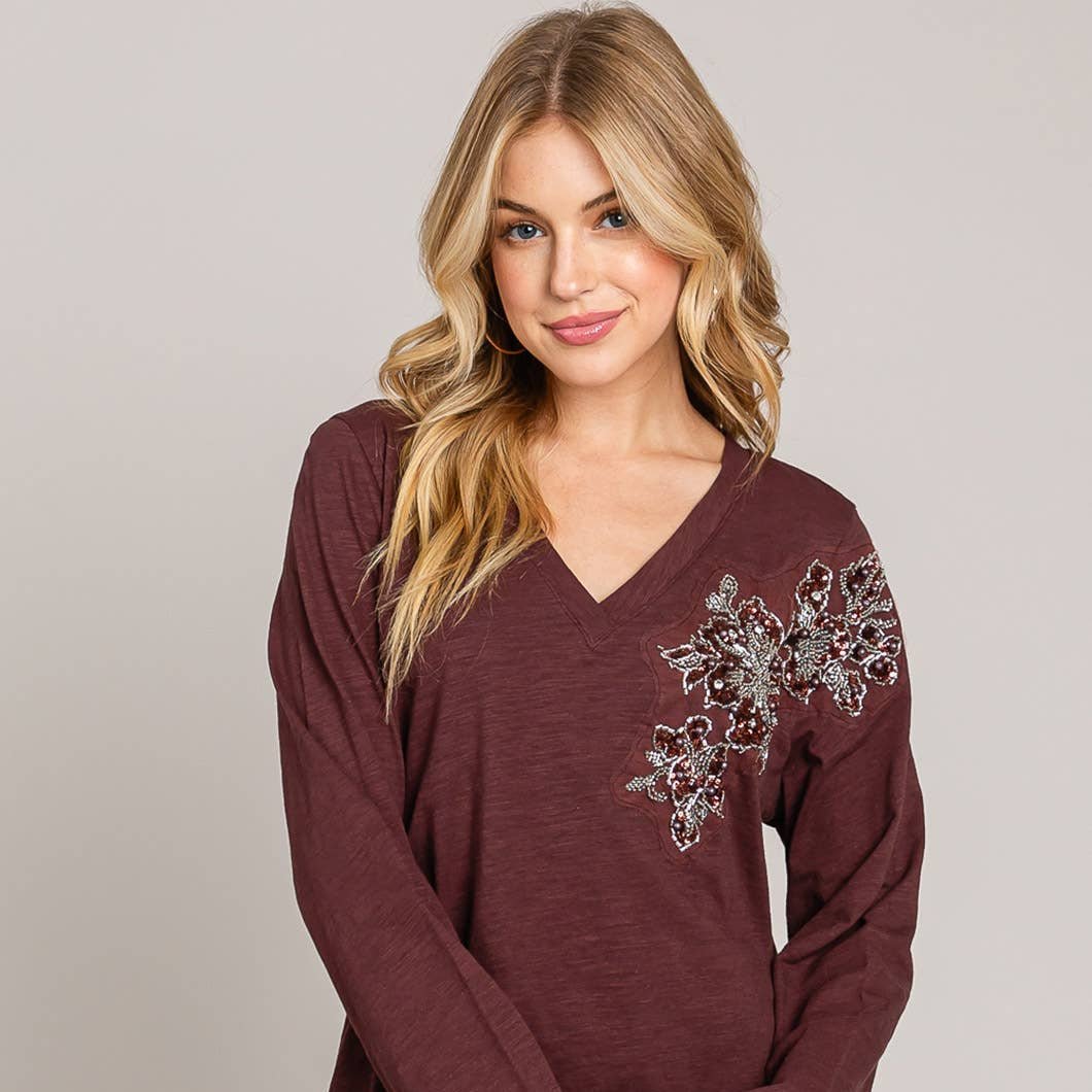 Glam Time V-Neck Long Sleeve  Bead Detail Top