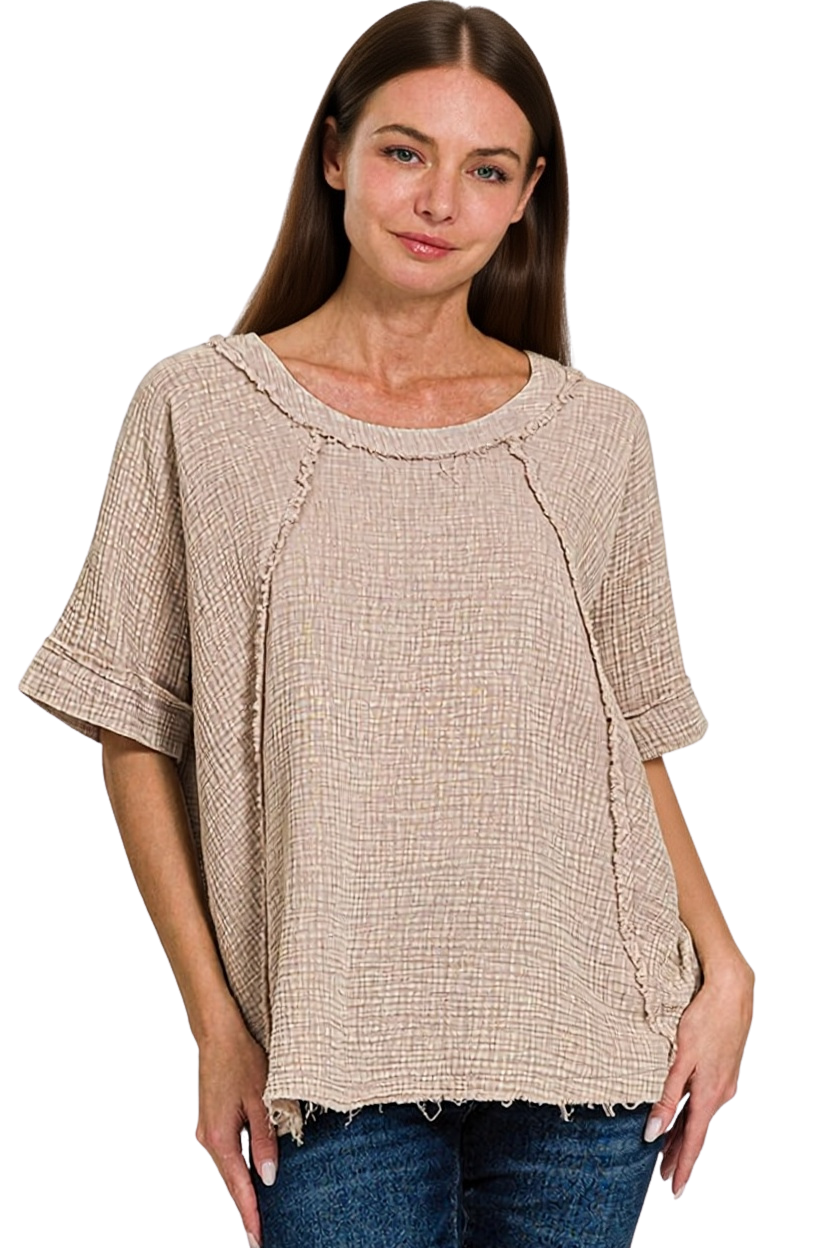 Coastal Breeze Short Sleeve Exposed Seam Acid Washed Top